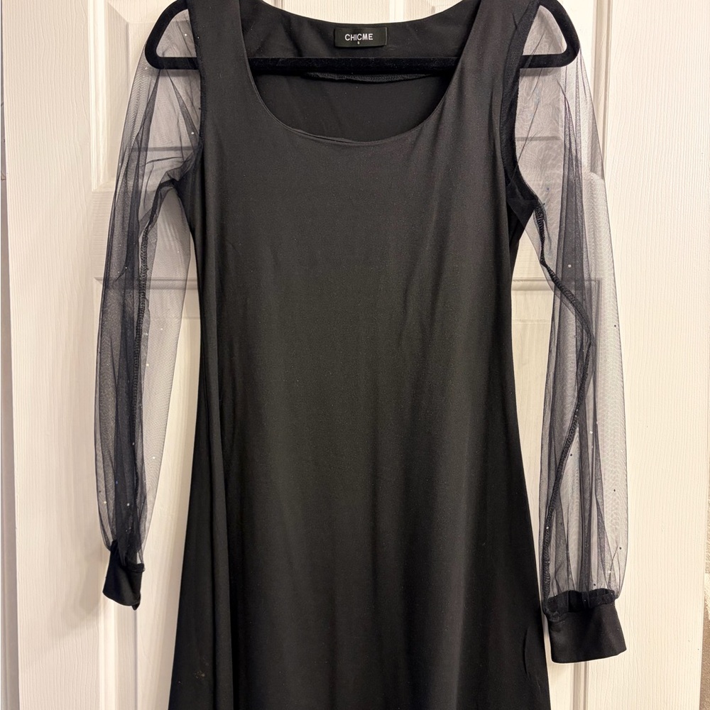 Chic Black Dress with Sheer Mesh Sleeves with sparkle detailing